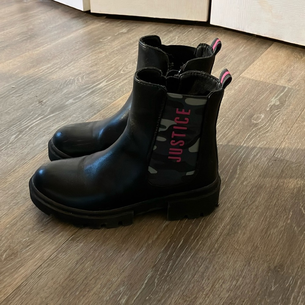 Justice Black Boots with Pink Logo